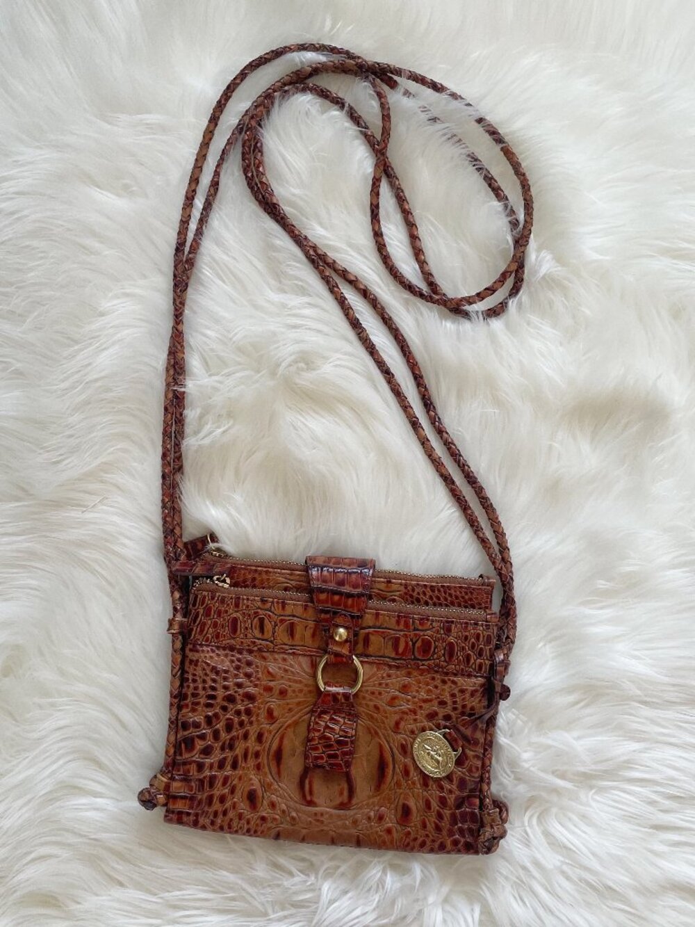 Brahim Pecan Brown Melbourne Crocodile Leather Built-In Wallet Crossbody Purse